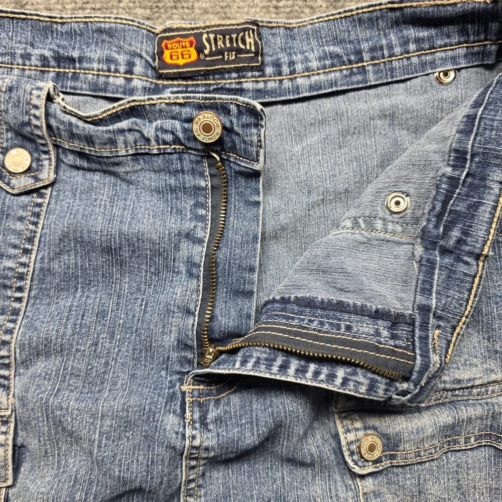 Vintage Route 66 Y2K Denim Mini Skirt Size 12 Stretch Cargo Pockets Blue Medium